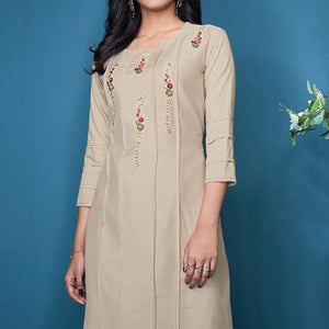 Cream Partywear Floral Embroidered Handwork Silk Kurti Palazzo Set