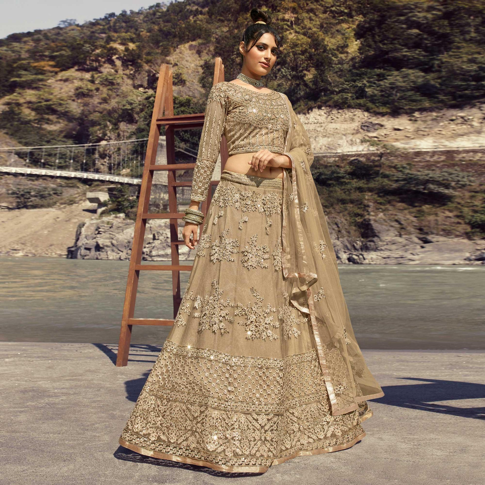 Cream Partywear Floral Heavy Embroidered Net Lehenga Choli