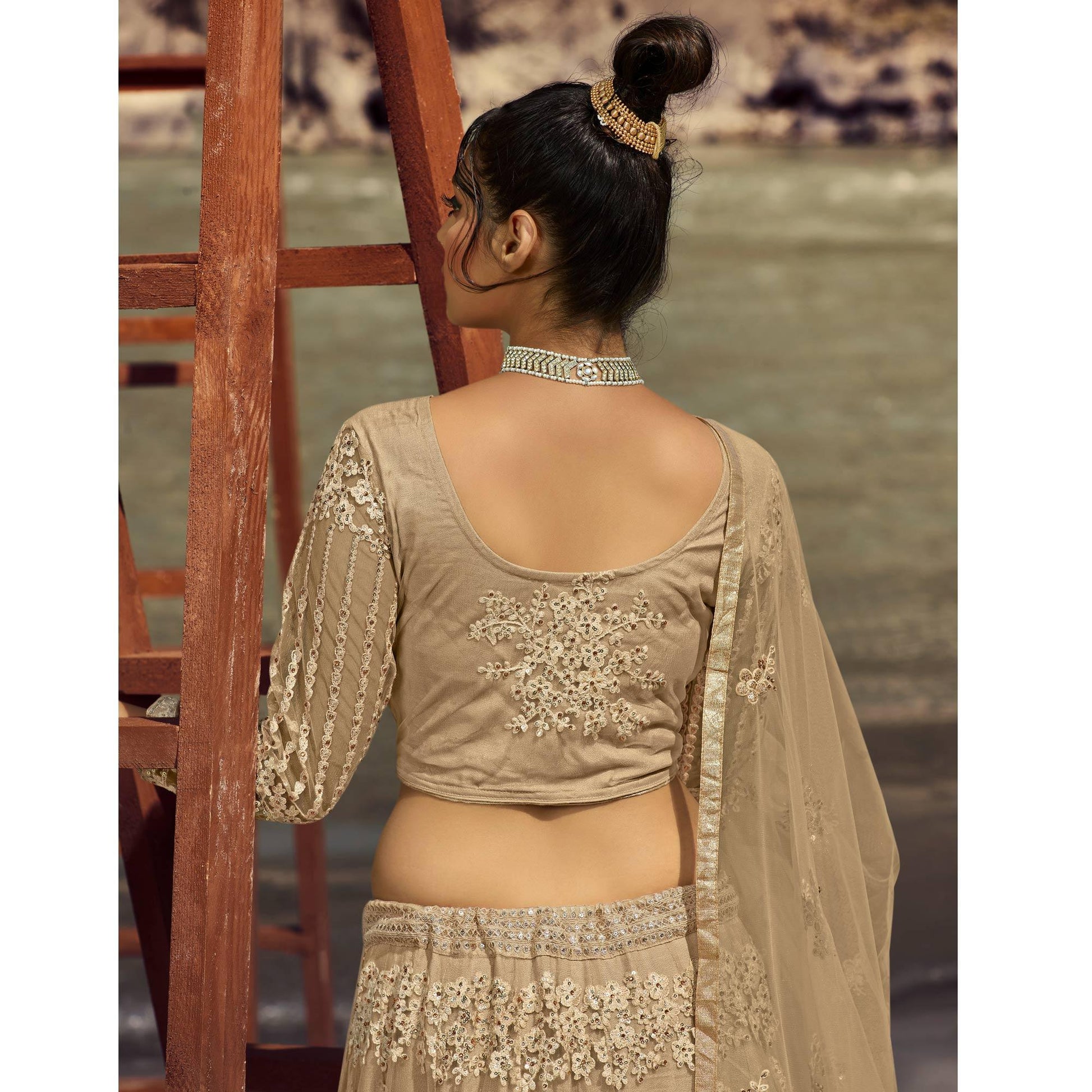Cream Partywear Floral Heavy Embroidered Net Lehenga Choli