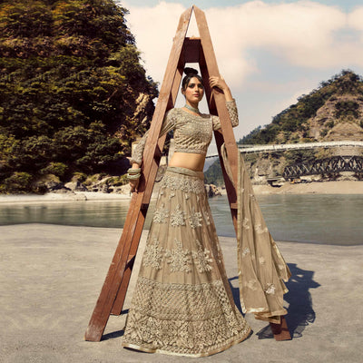 Cream Partywear Floral Heavy Embroidered Net Lehenga Choli
