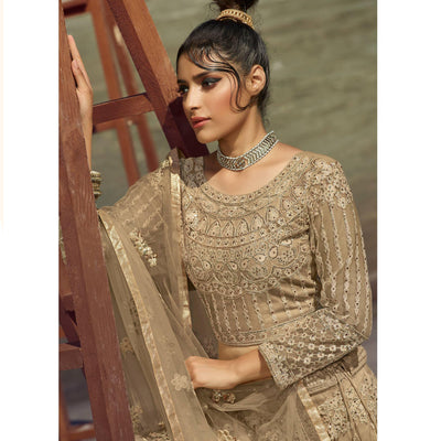 Cream Partywear Floral Heavy Embroidered Net Lehenga Choli