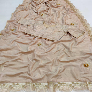 Cream Partywear Floral Mukeish Embroidered Dola Silk Saree