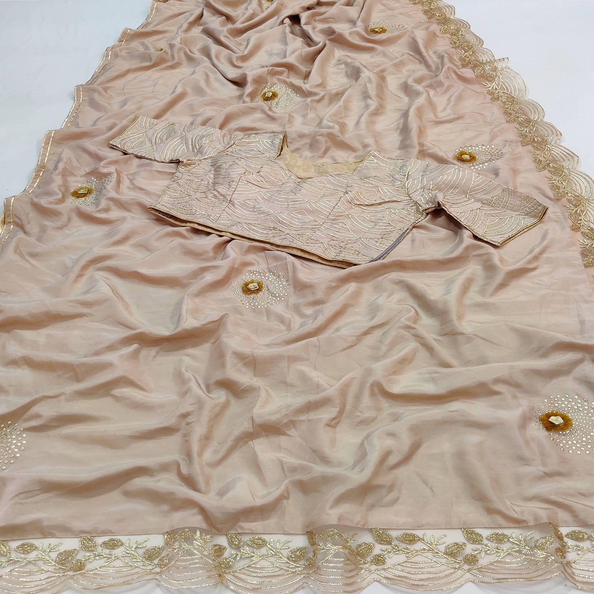 Cream Partywear Floral Mukeish Embroidered Dola Silk Saree