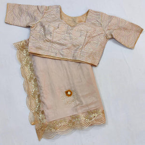 Cream Partywear Floral Mukeish Embroidered Dola Silk Saree