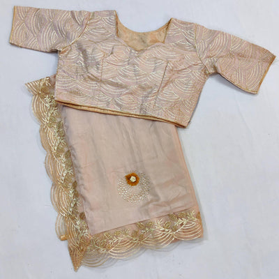 Cream Partywear Floral Mukeish Embroidered Dola Silk Saree