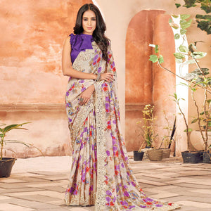 Cream Partywear Floral Printed Georgette Saree Designer Lace