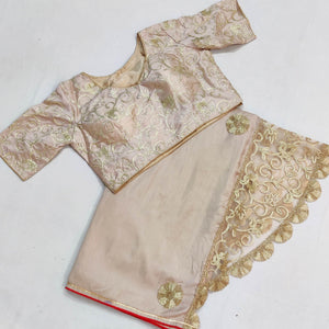 Cream Partywear Mukeish Embroidery Dola Silk Saree