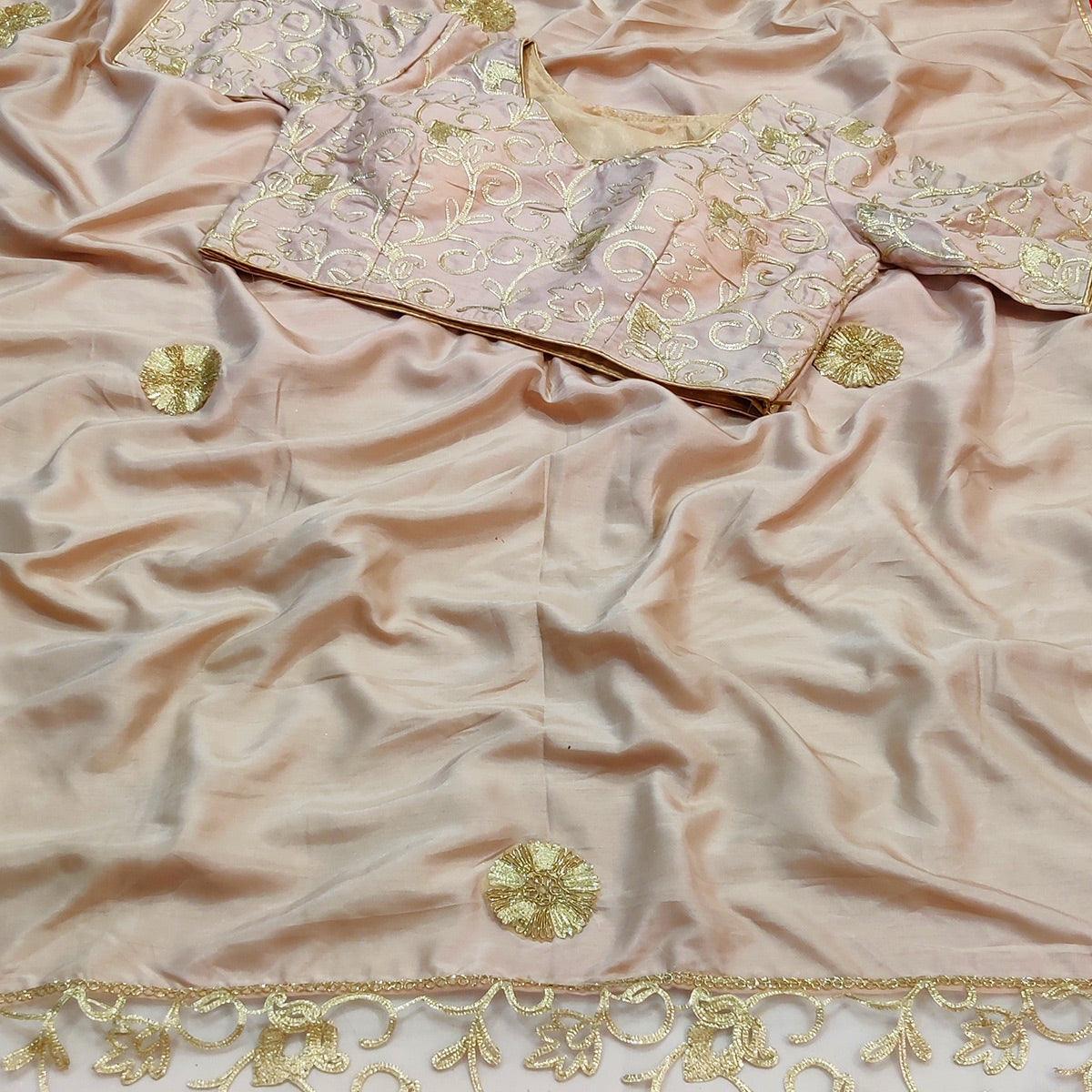 Cream Partywear Mukeish Embroidery Dola Silk Saree