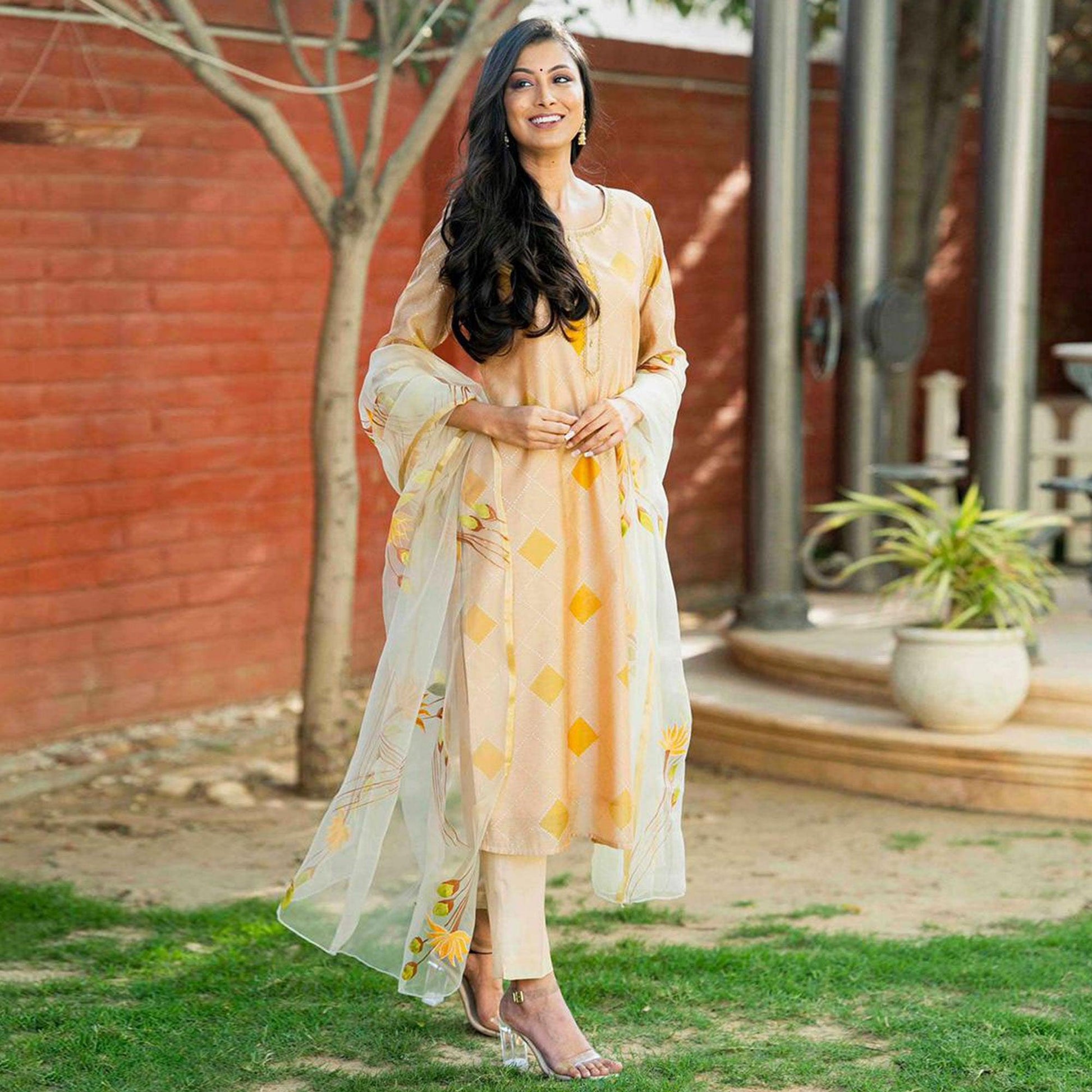 Cream Partywear Printed Cotton Silk Kurti Pant Set With Dupatta
