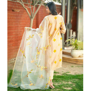 Cream Partywear Printed Cotton Silk Kurti Pant Set With Dupatta