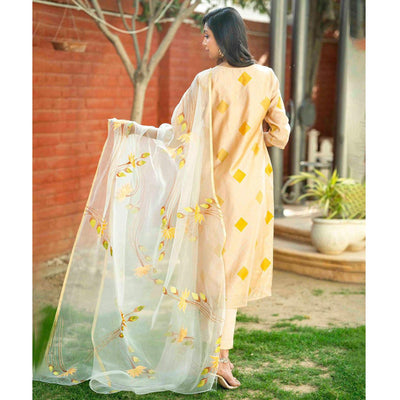 Cream Partywear Printed Cotton Silk Kurti Pant Set With Dupatta