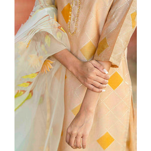 Cream Partywear Printed Cotton Silk Kurti Pant Set With Dupatta