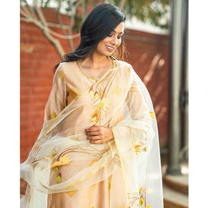 Cream Partywear Printed Cotton Silk Kurti Pant Set With Dupatta