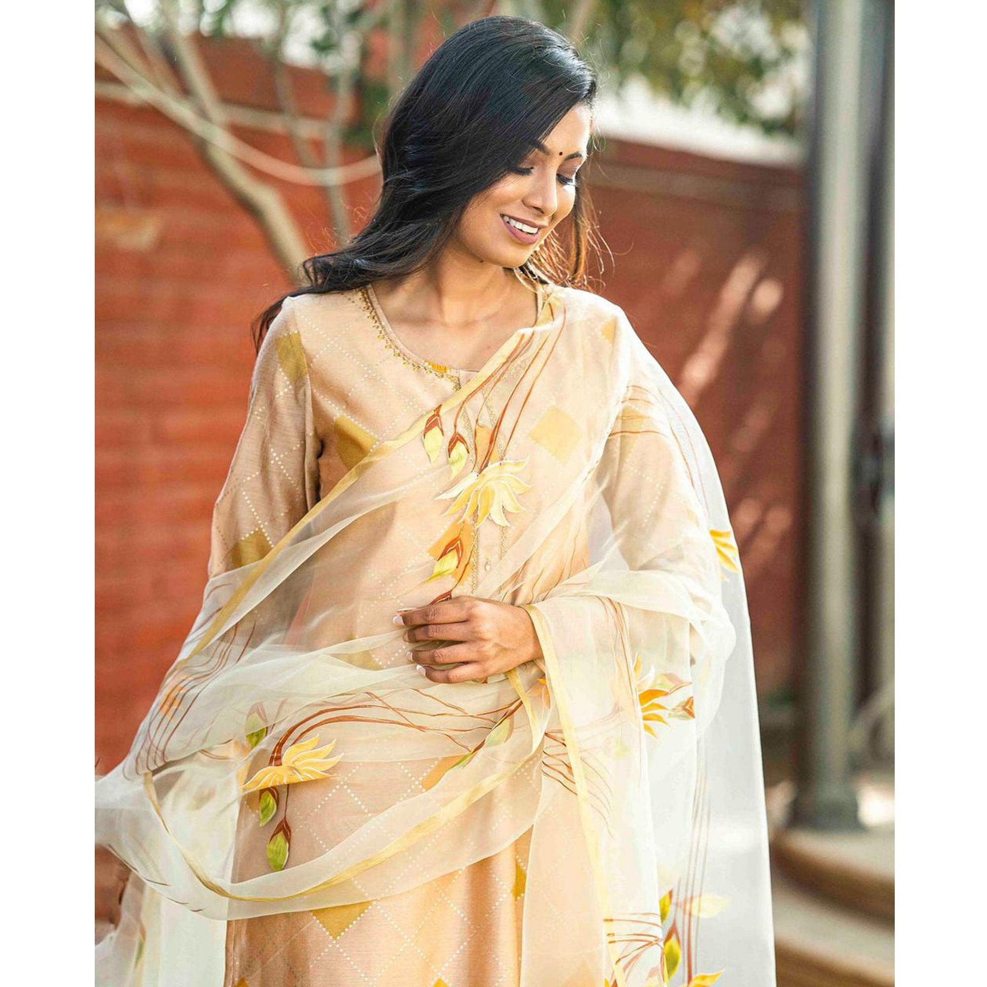 Cream Partywear Printed Cotton Silk Kurti Pant Set With Dupatta