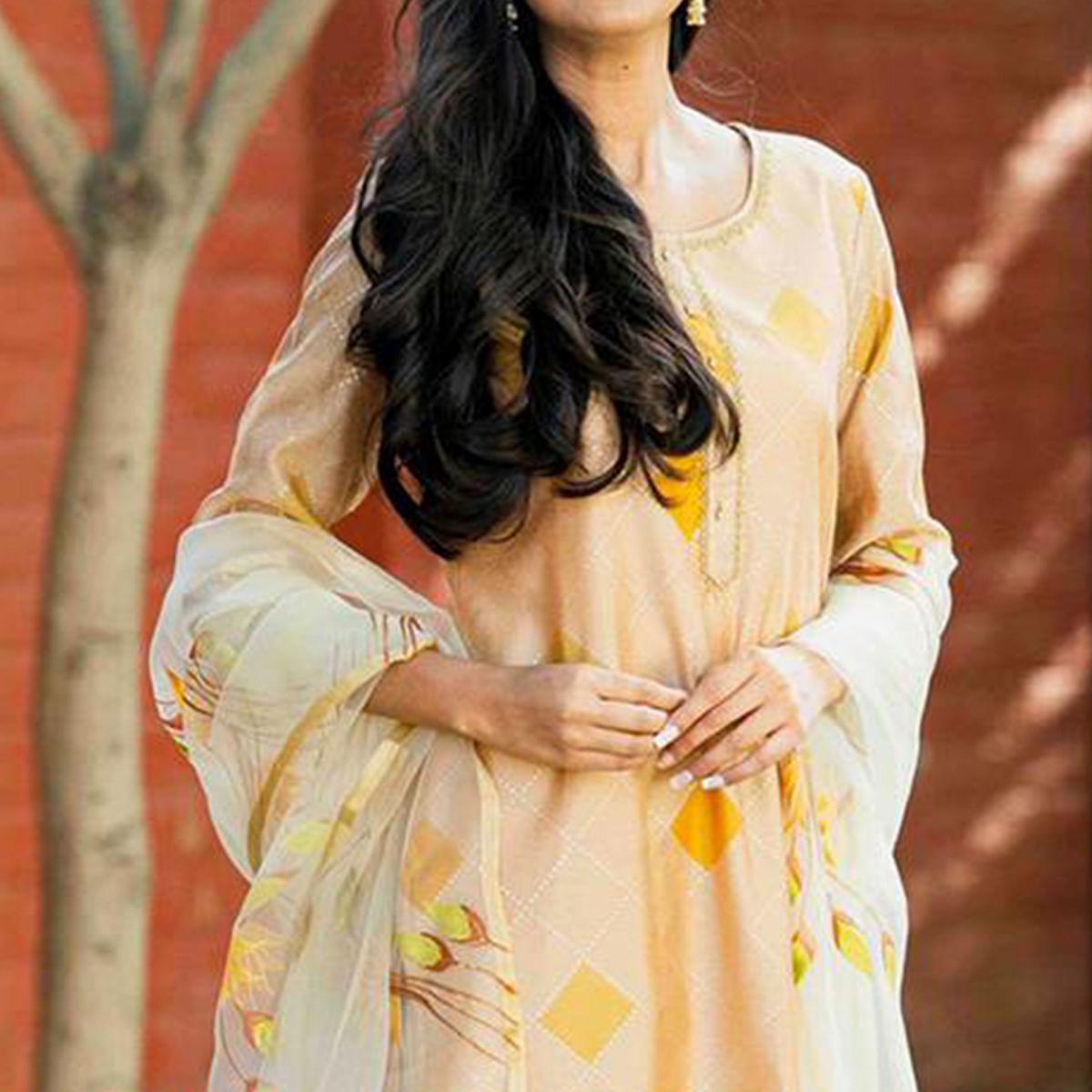 Cream Partywear Printed Cotton Silk Kurti Pant Set With Dupatta