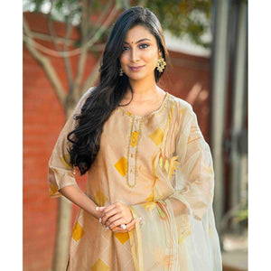 Cream Partywear Printed Cotton Silk Kurti Pant Set With Dupatta