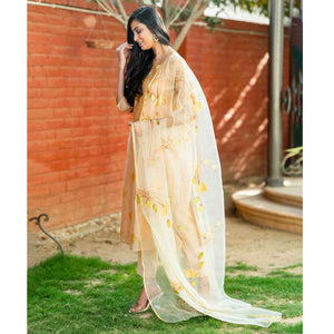 Cream Partywear Printed Cotton Silk Kurti Pant Set With Dupatta