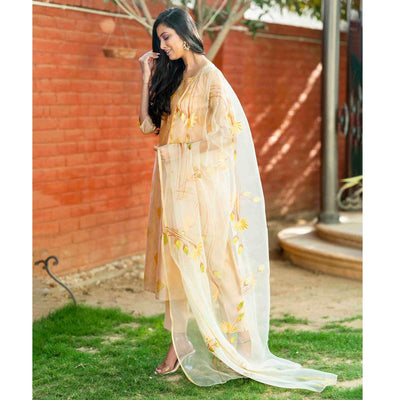 Cream Partywear Printed Cotton Silk Kurti Pant Set With Dupatta
