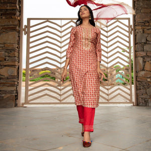 Cream Partywear Printed With Embellished Cotton Kurti Pant Set