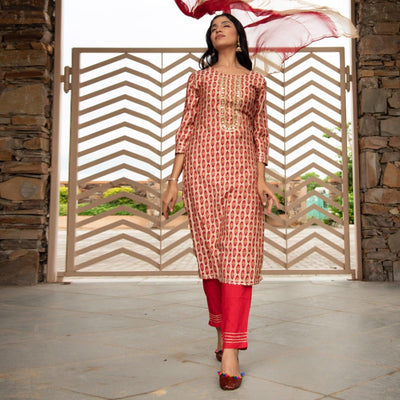 Cream Partywear Printed With Embellished Cotton Kurti Pant Set