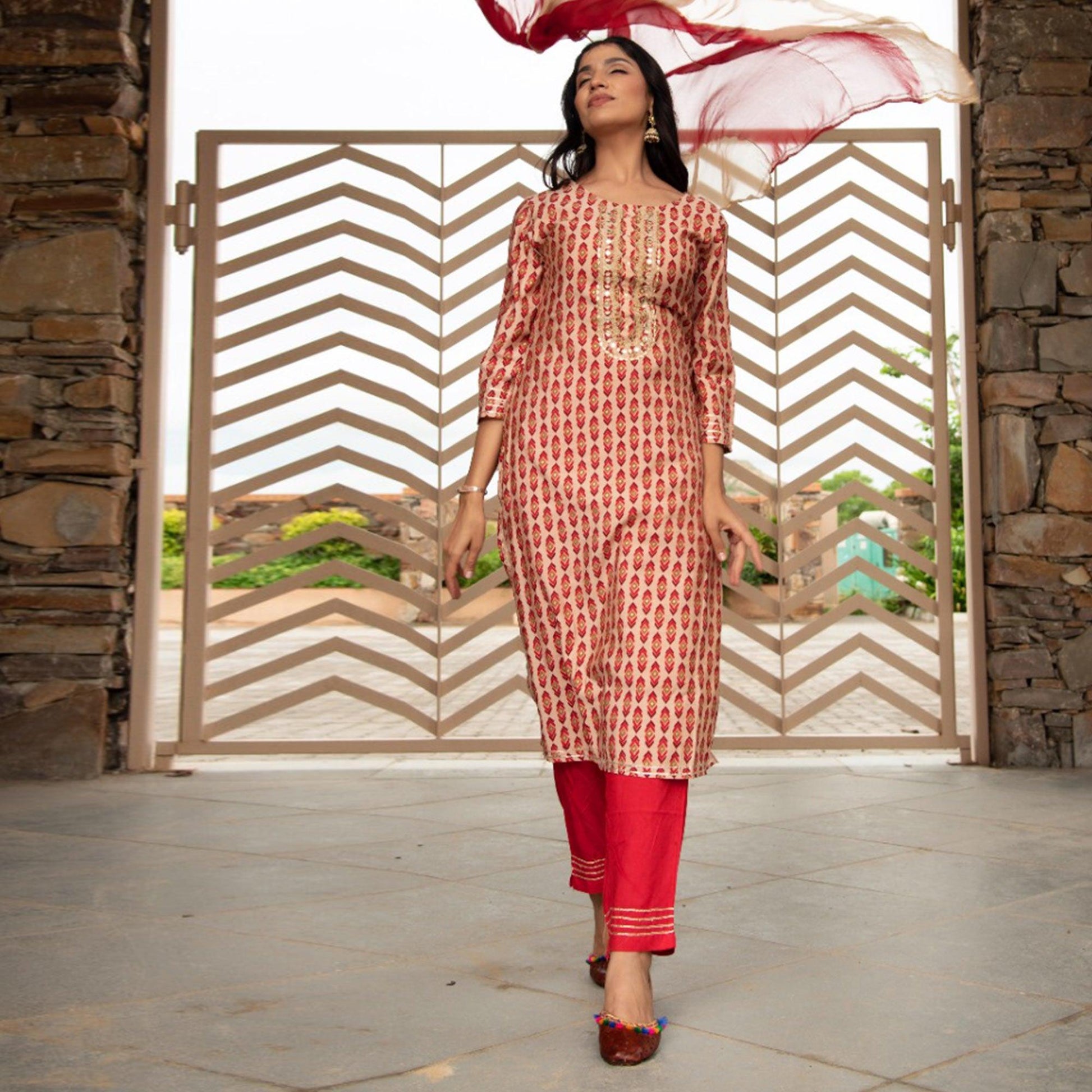 Cream Partywear Printed With Embellished Cotton Kurti Pant Set