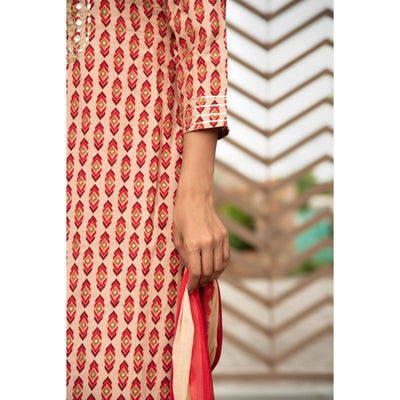 Cream Partywear Printed With Embellished Cotton Kurti Pant Set