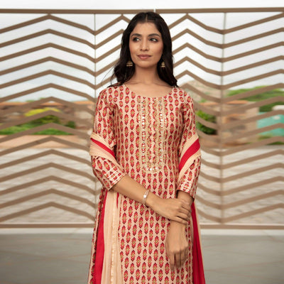 Cream Partywear Printed With Embellished Cotton Kurti Pant Set