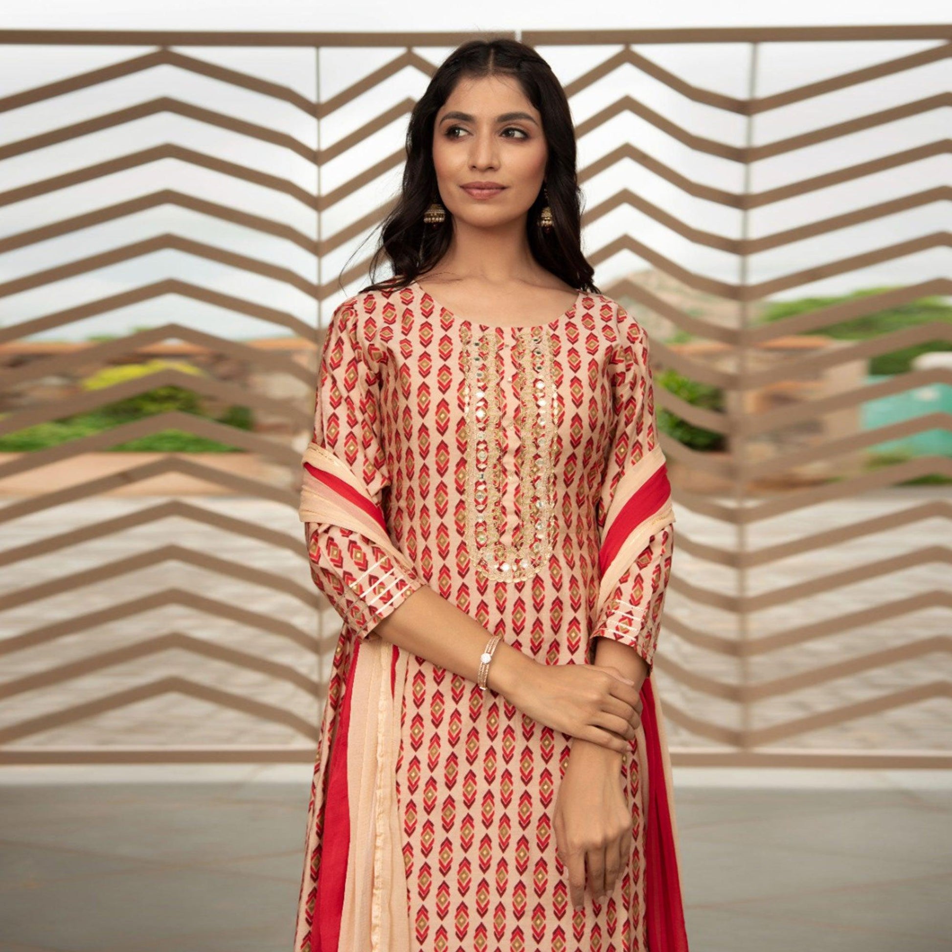 Cream Partywear Printed With Embellished Cotton Kurti Pant Set