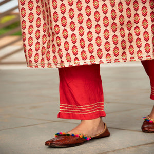 Cream Partywear Printed With Embellished Cotton Kurti Pant Set