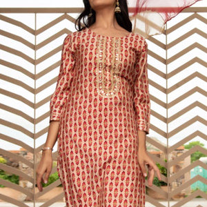 Cream Partywear Printed With Embellished Cotton Kurti Pant Set