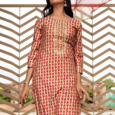 Cream Partywear Printed With Embellished Cotton Kurti Pant Set