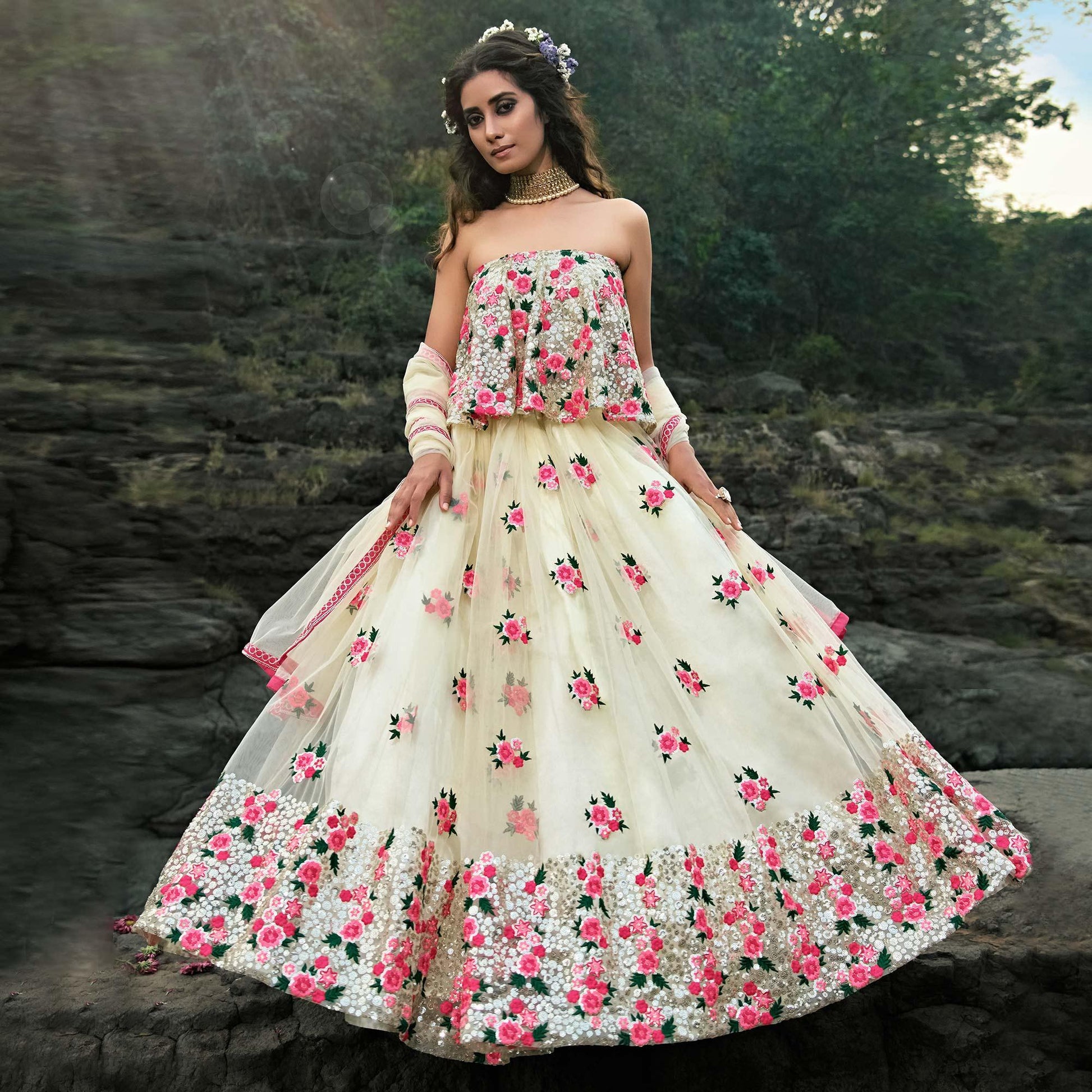Cream Partywear Sequins Embroidered Soft Net Lehenga Choli