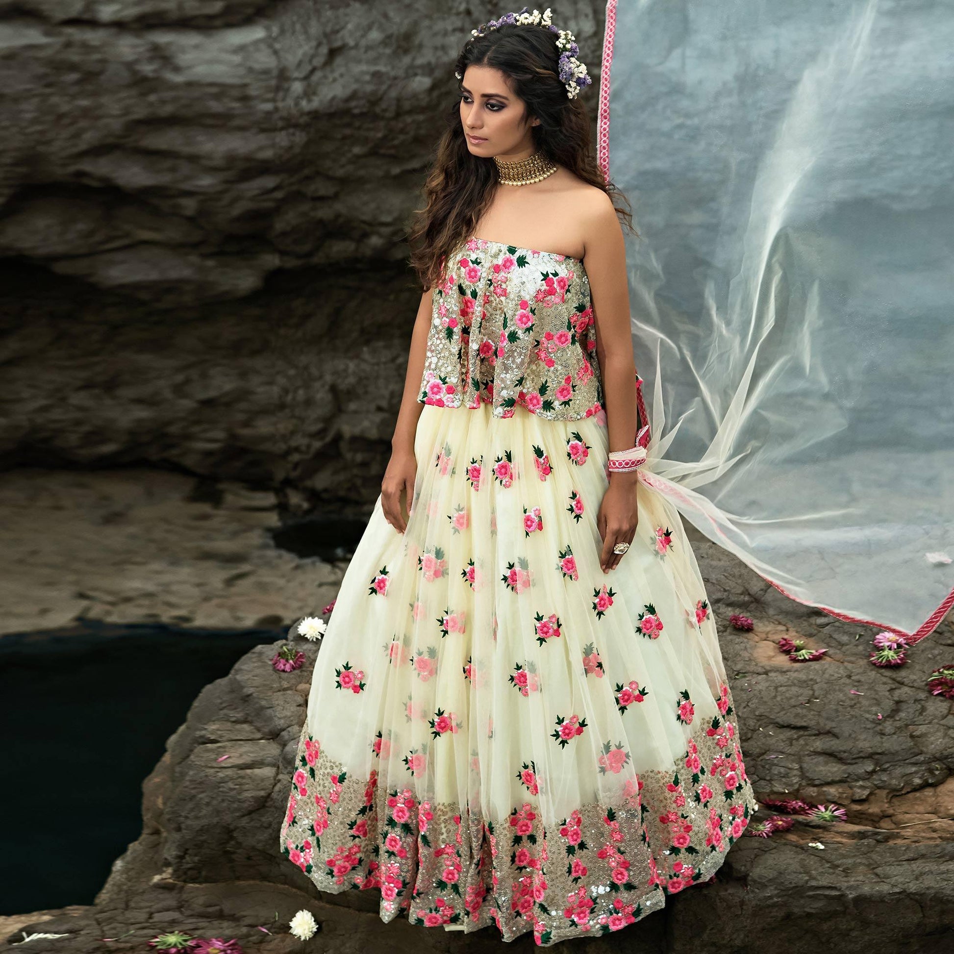 Cream Partywear Sequins Embroidered Soft Net Lehenga Choli