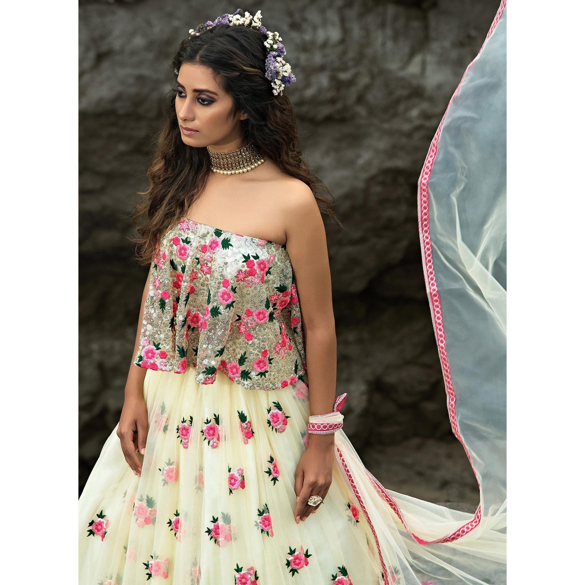 Cream Partywear Sequins Embroidered Soft Net Lehenga Choli