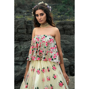Cream Partywear Sequins Embroidered Soft Net Lehenga Choli