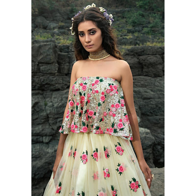 Cream Partywear Sequins Embroidered Soft Net Lehenga Choli