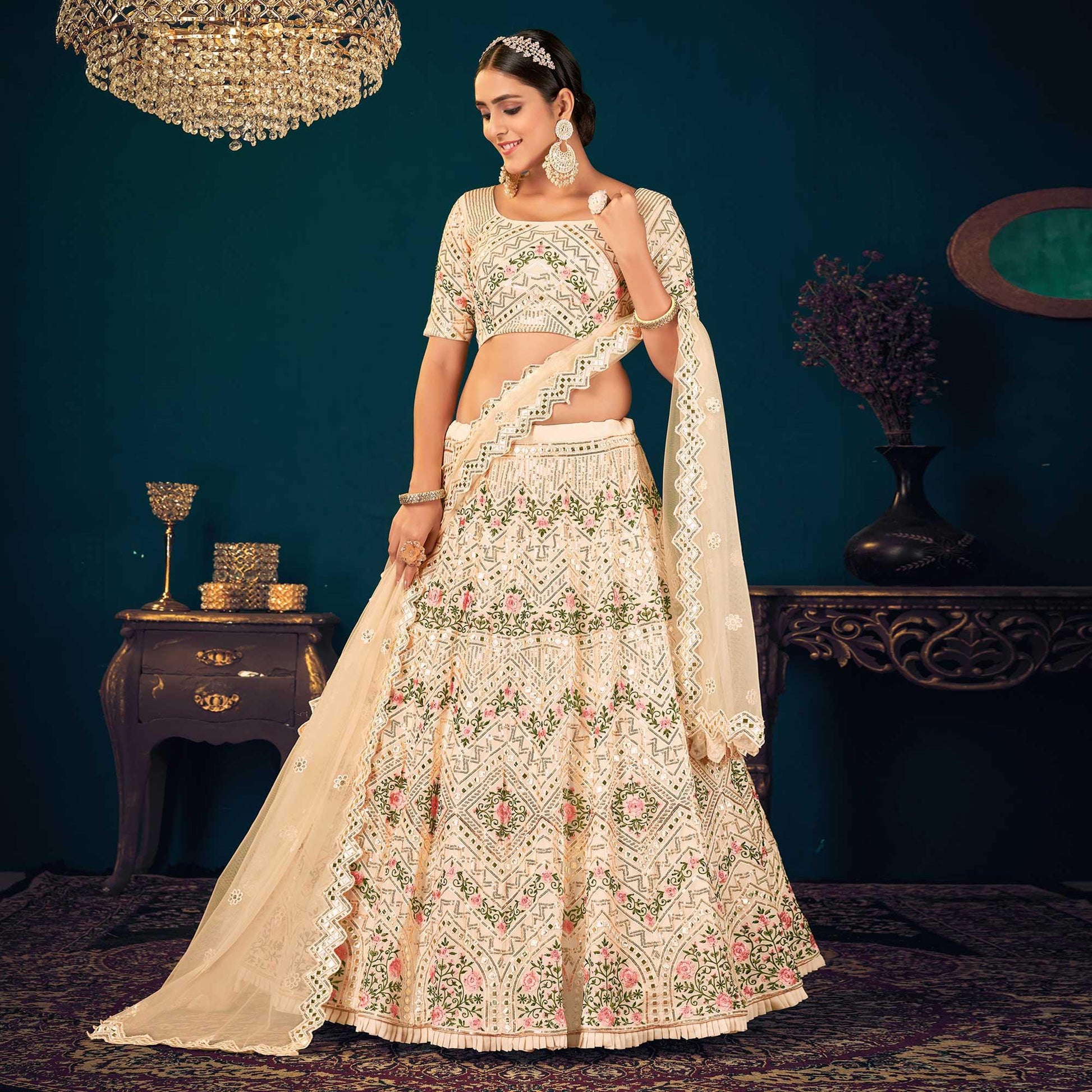 Cream Partywear Sequins With Gotta Patti Embroidered Georgette Lehenga Choli