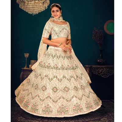 Cream Partywear Sequins With Gotta Patti Embroidered Georgette Lehenga Choli