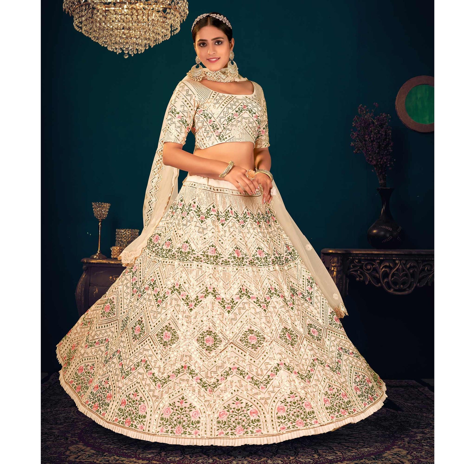Cream Partywear Sequins With Gotta Patti Embroidered Georgette Lehenga Choli