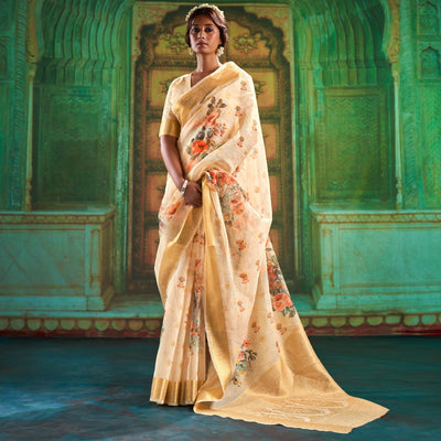 Cream Partywear Wear Digital Floral Taspa Linen Silk Saree