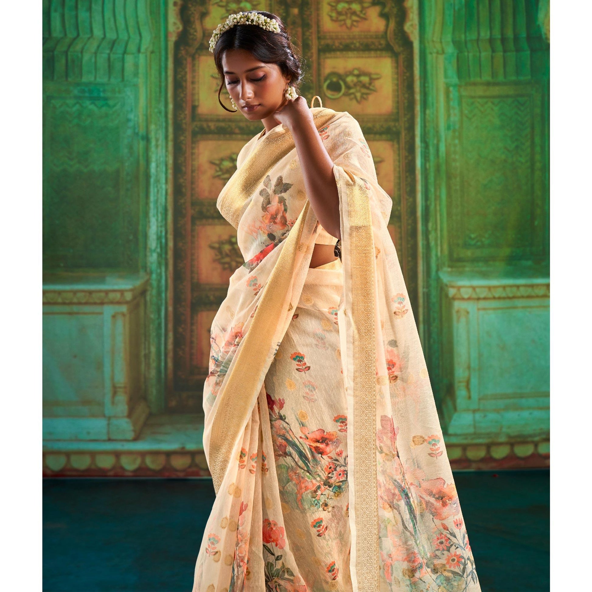 Cream Partywear Wear Digital Floral Taspa Linen Silk Saree
