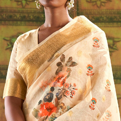 Cream Partywear Wear Digital Floral Taspa Linen Silk Saree