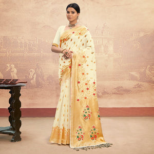Cream Partywear Woven Silk Saree