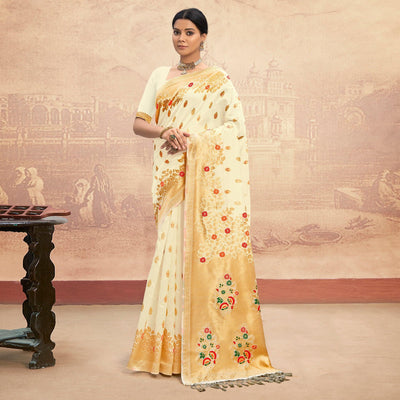 Cream Partywear Woven Silk Saree