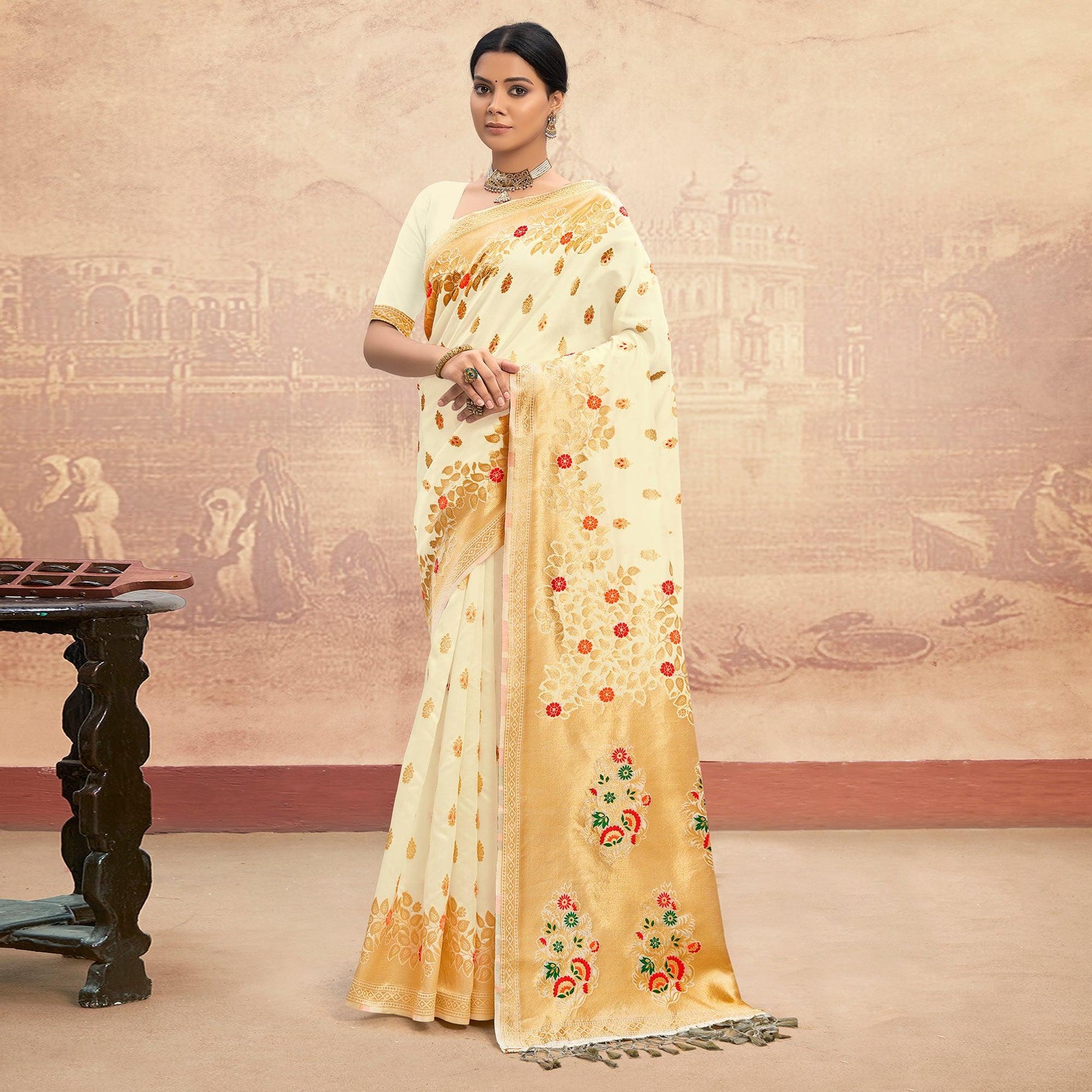 Cream Partywear Woven Silk Saree