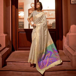 Cream Partywear Woven Silk Saree
