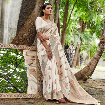 Cream Partywear Woven Silk Saree