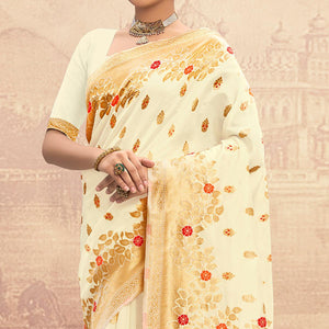 Cream Partywear Woven Silk Saree