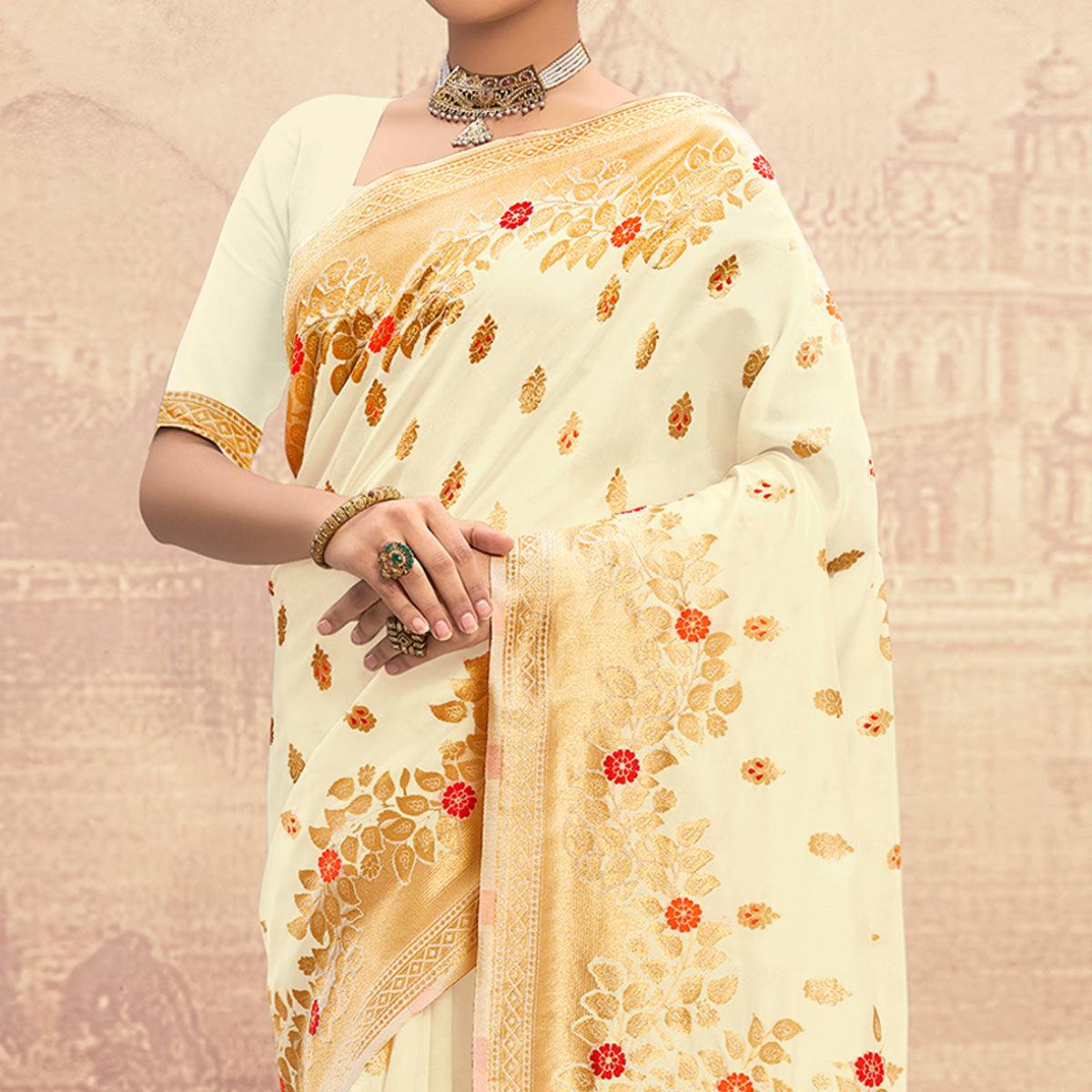 Cream Partywear Woven Silk Saree
