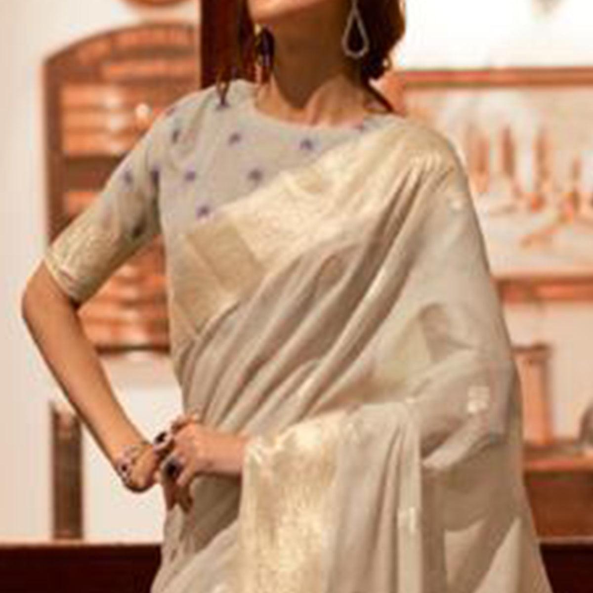 Cream Partywear Woven Silk Saree